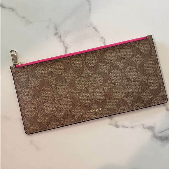 Coach Signature Brown and Pink Zipper Envelope Clutch - Picture 1 of 7